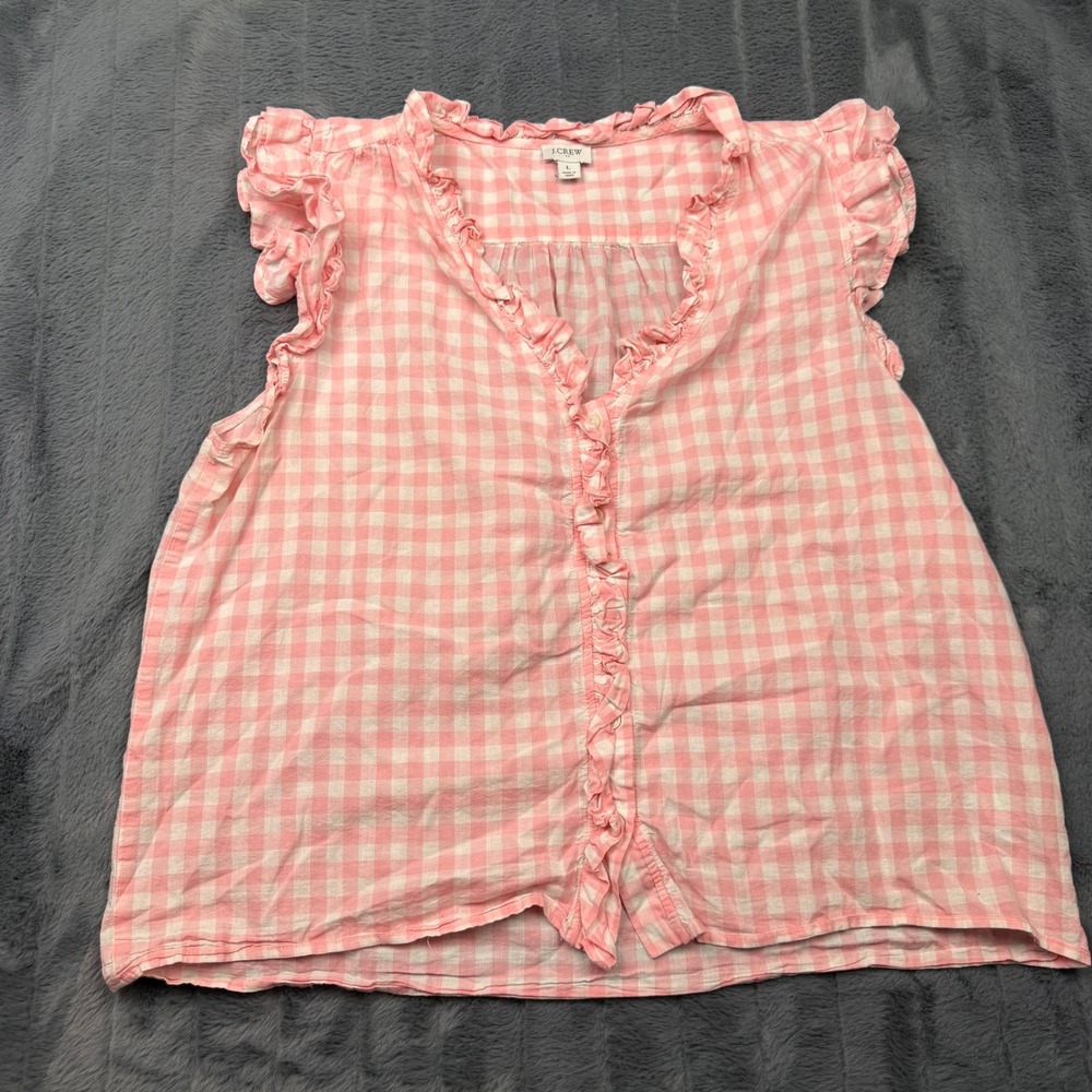 J.Crew Pink Gingham Ruffle Trim Button Front Sleeveless Cotton Top Large
